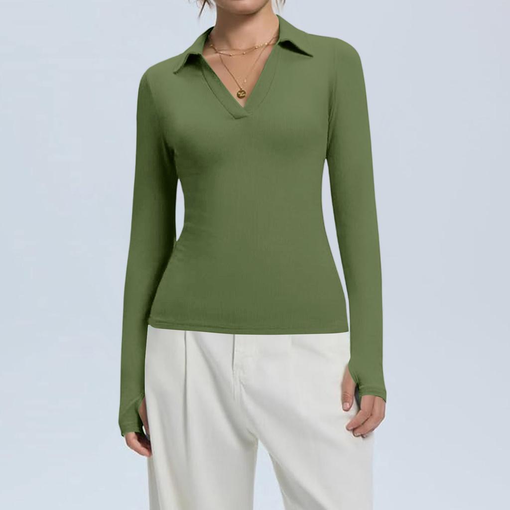 Dámská módní ležérní jednobarevná halenka s výstřihem do V, dlouhým rukávem a zapínáním na knoflíky