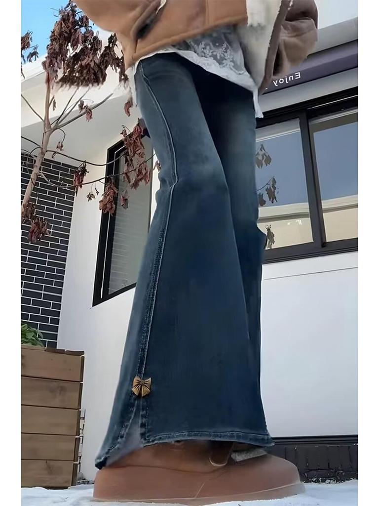 Retro Blue High Waist Stretch Flare Jeans for Women - Plus Size, Slimming, Hip-Covering, Autumn Fashion.