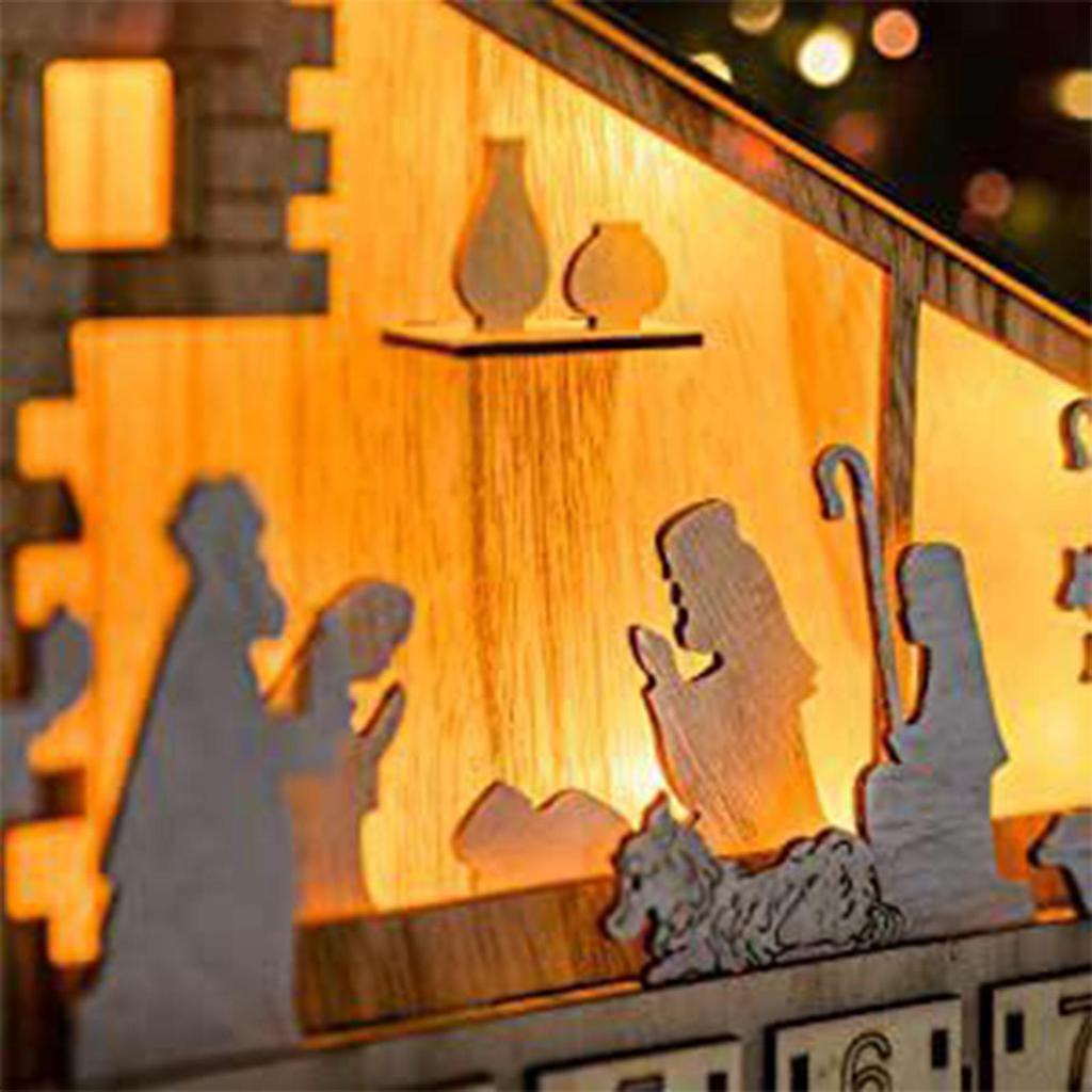 Nativity Scene House Advent 24 Days Wooden Christmas Decor Crafts Countdown Calendar Drawer With LED Light For Indoor Holiday