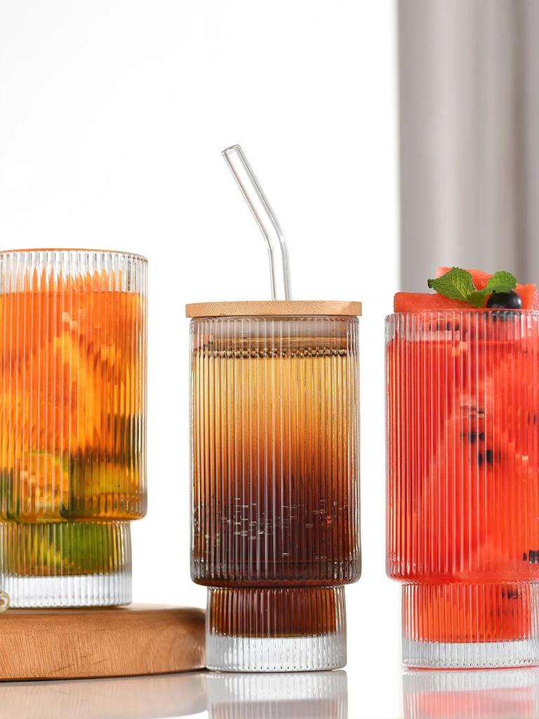 2/4Pcs Drinking Glasses Set Highball Glasses 11oz with Covers, Straws and Brush Vintage Glass Cups, Elegant Ribbed Glassware,