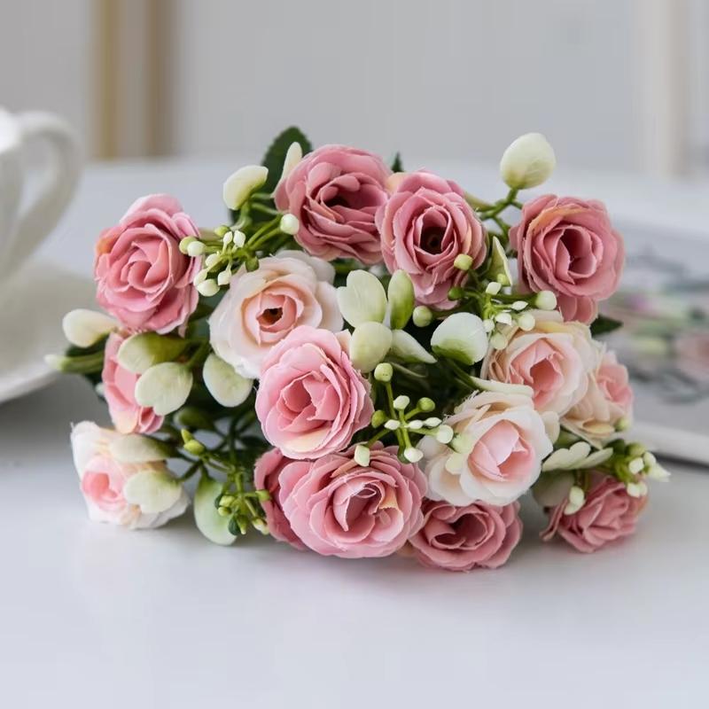 

5 Fork 15 Head Silk Rose For Wedding Bouquet Christmas Decoration Vase Home Floral Arrangement DIY Scrapbook Artificial Flowers