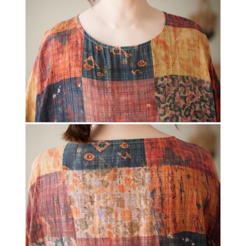 DIMANAF New 2025 Summer Dress Short Sleeve Linen Casual Loose Women Vintage Printing Plus Size Dress O-Neck Dress Maxi