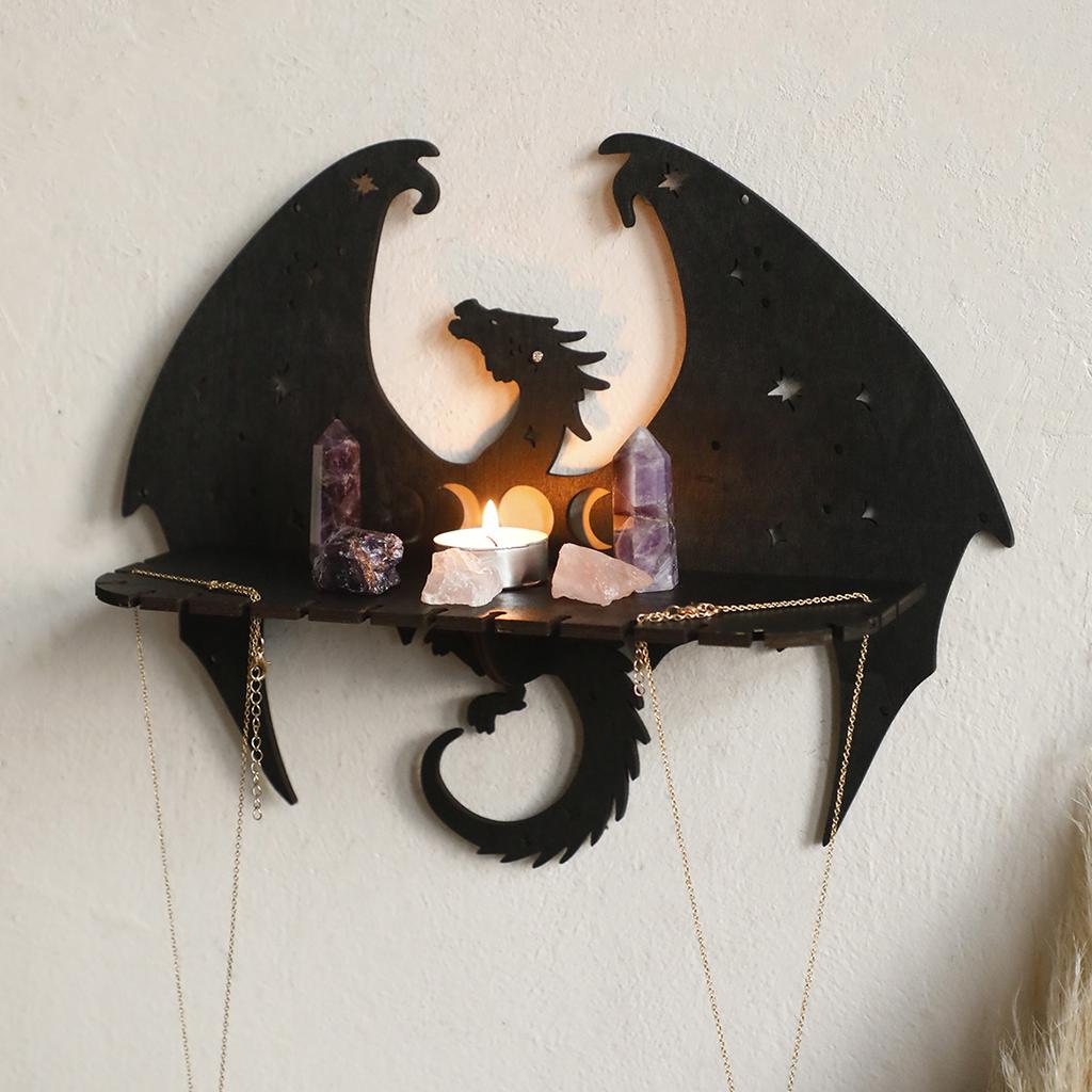Dragon Shaped Floating Wall Shelves Gothic Witchy Wooden Wall Mounted Display Rack Black Wooden Room Decor Decoration (Black)