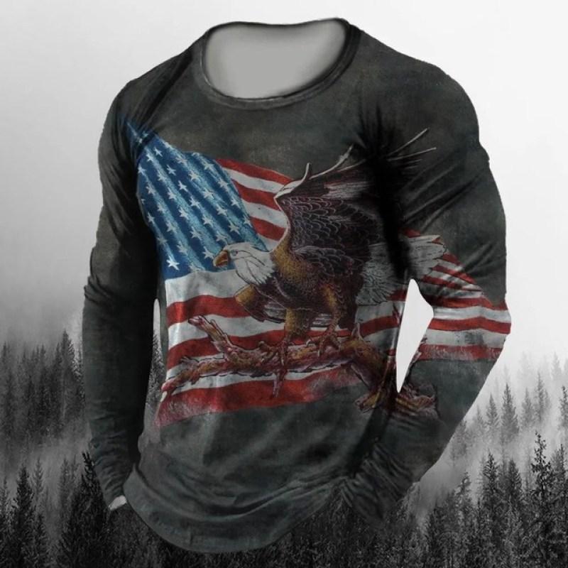 Vintage Men's Long Sleeve T-Shirt Print Tees Animal Eagle Pattern Sweatshirt T-Shirts For Men Clothing Casual Oversized Tops 5xl
