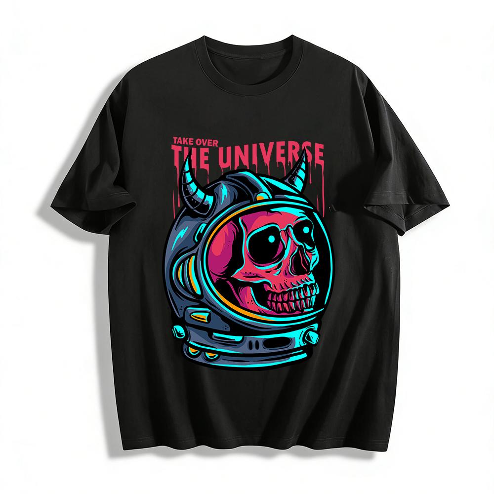Skull Horn Astronaut Helmet Print Cool Take Over The Universe Top Pure cotton T-shirt XXS