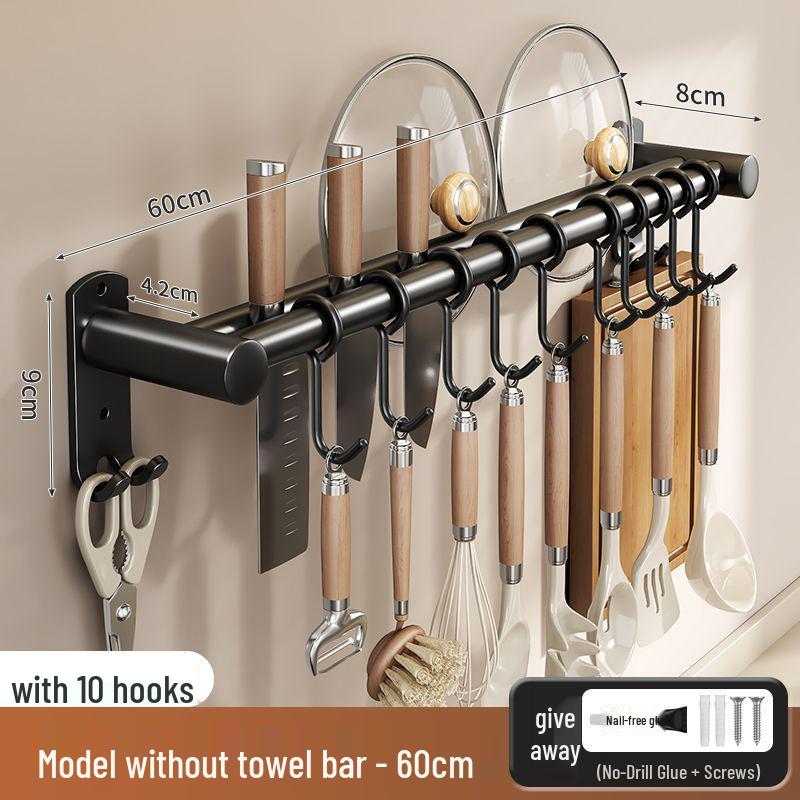 Stainless Steel Wall-Mounted Kitchen Hook & Pot Lid Rack with Knife Holder.