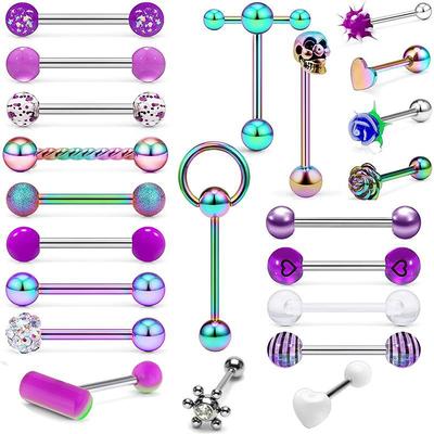 22pcs Mixed Colors Stainless Steel Tongue Rings Set Straight Barbell Body Piercing Jewelry for Women and Men