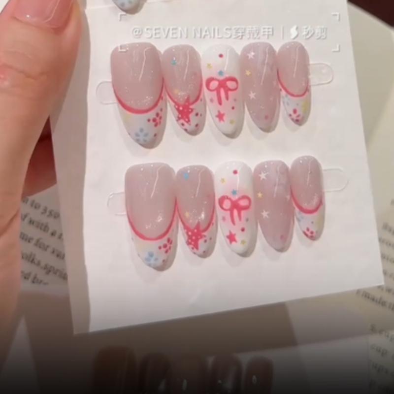 10Pcs Handmade Pink French Fake Nails with 3D Bow & Star Print Accents XS