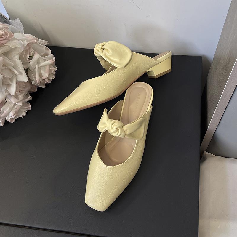 

Мягкая кожа удобная~ нишевый дизайн чувство большой бант с полушлепками женский толстый каблук пляжный отпуск 40 светло-желтого