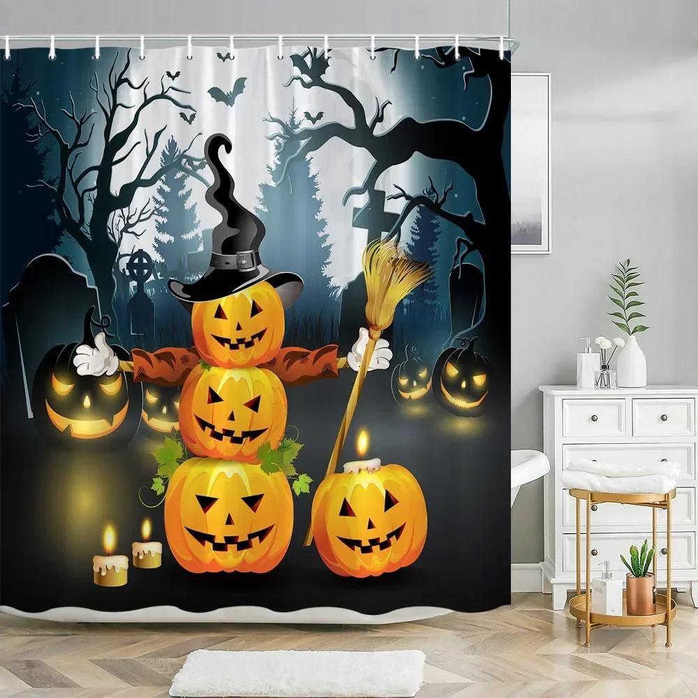 Halloween Pumpkin Bathroom Curtains Cartoon Cute Funny Magic Hat Ghost Broom Bathroom Curtains Party Decor Shower Curtain Fab