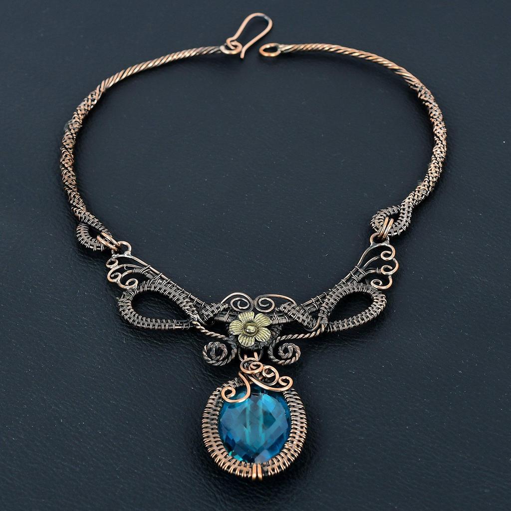 Blue Topaz Necklace, 999 Copper Wire Wrapped Jewelry, Gemstone Jewelry Adjustable Chain Necklace, Handmade Wedding Gift Jewelry