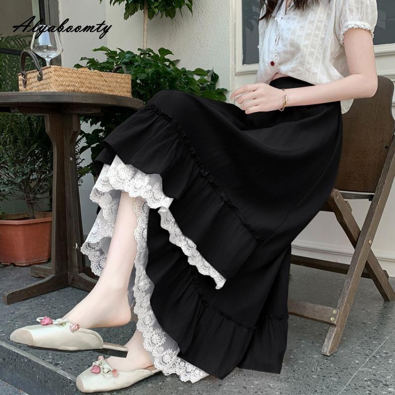French Style Spring Summer Women Irregular Skirt High Waist Black White Pink Lace Patchwork Skirt Sweet Ruffles Princess Skirts