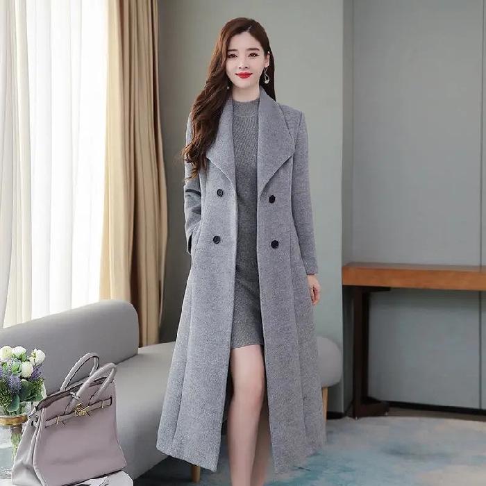 Women's 2023 Spring & Autumn Wool Windbreaker: Oversized, Over-the-Knee, Slim Waist, Long Lapel Coat