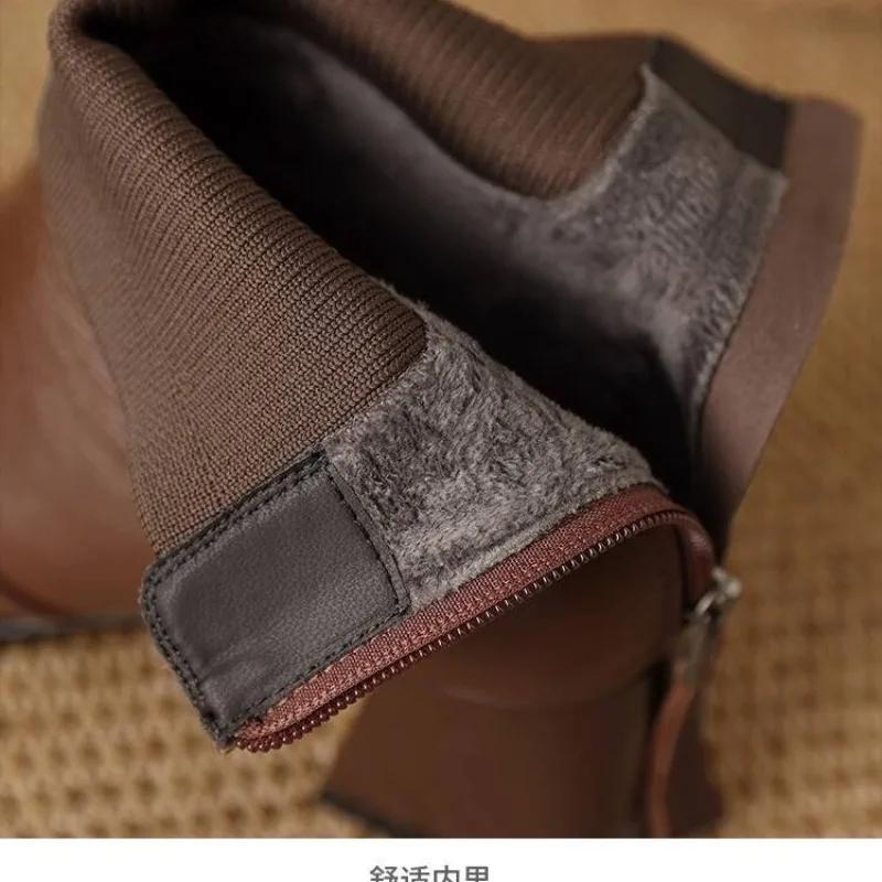 Fashion Brown Retro Fashion Thick Heel Square Toe Short Boots 2025 Women's Autumn and Winter Knitted Yarn Mouth Fashion Slim Boots