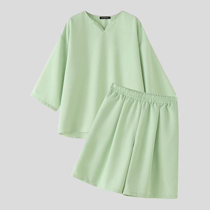 INCERUN Zweiteilige Sommer-Sets für Herren: V-Ausschnitt Kurzarm-Oberteile und Shorts, Oversized