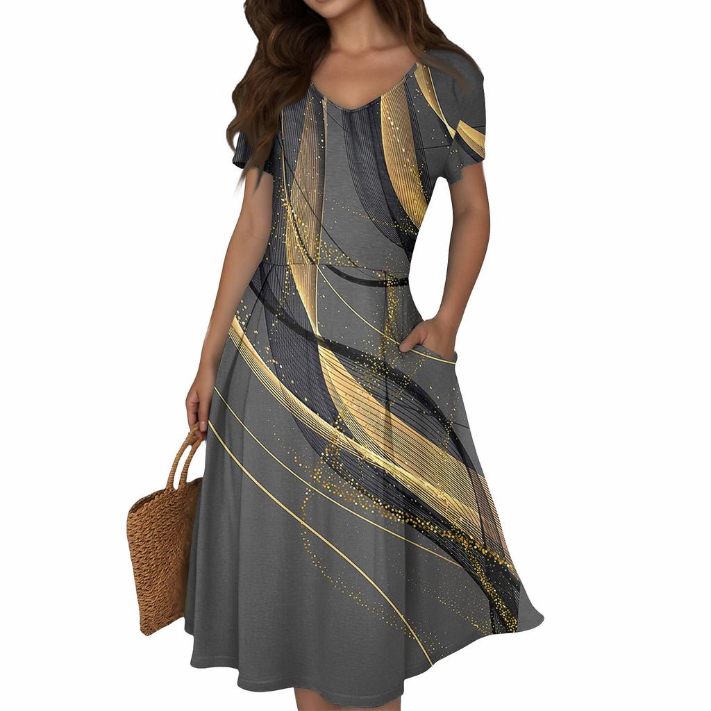 Women's Summer Casual Print V-Neck Short Sleeve Dress With Pockets