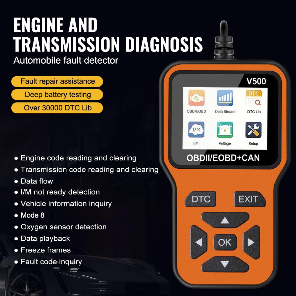 V500 Code Reader Read Vehicle Information Check Engine System Car OBD2 Diagnostic Tools OBD II Scanner Battery Tester Fault Code Clear Universal