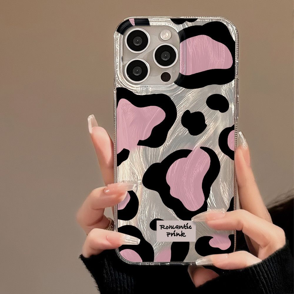 Sweet and cool black pink leopard print is suitable for iPhone17promax Apple 16IMD feather yarn mobile phone case 14/13 large hole 15.