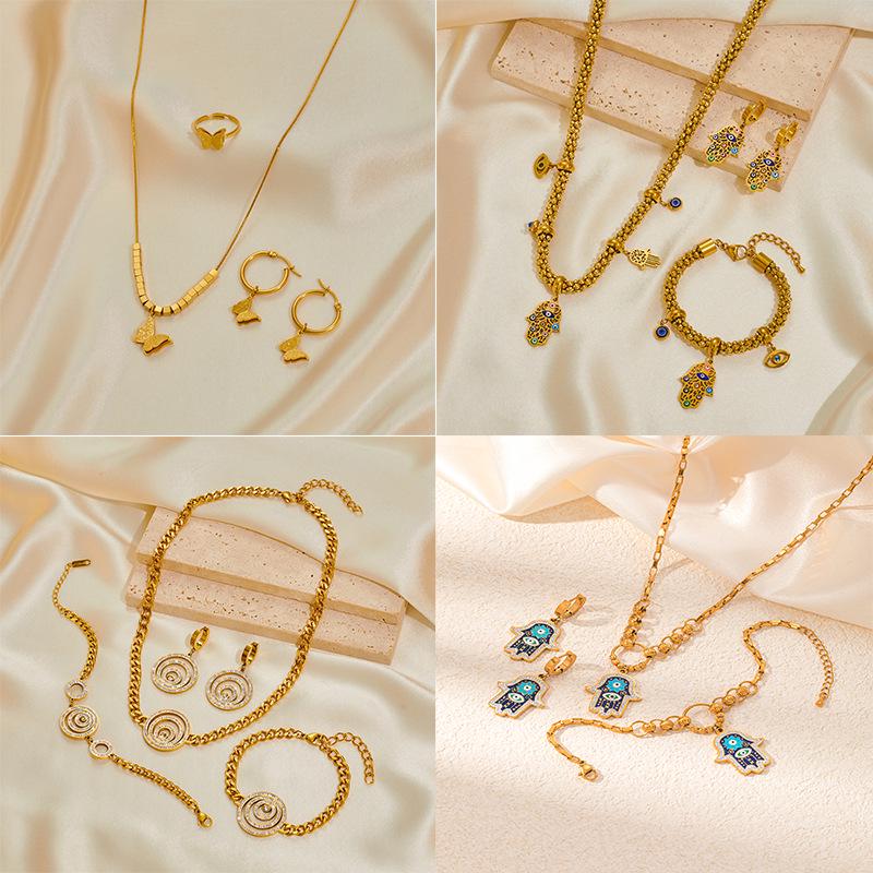 Stainless Steel Women's Jewelry Set: Non-Fading Necklace, Earrings, and Ring - Trendy Fashion Accessories