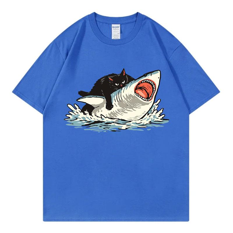 Funny Cat Riding Shark Graphic T Shirts High Street Fashion Trend Short Sleeve Tshirts Unisex Unisex Casual Loose Cotton Tshirt