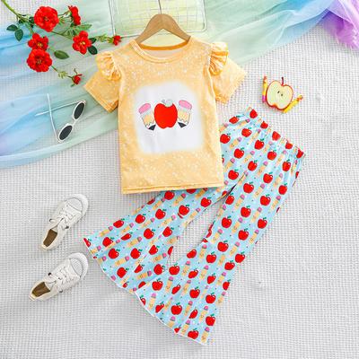 2pcs Girl Ruffles T-Shirt Short Sleeve Tops & Pencil Print Flare Pants Outfit Set