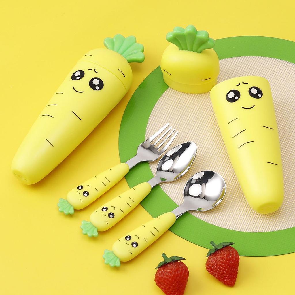 Set di Forchetta e Cucchiaio in Acciaio Inossidabile con Manico a Forma di Carota per Bambini