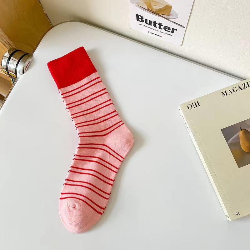 1/6 Pairs Women Colorful Striped Mid Tube Socks Spring Summer Sweat Absorbing Breathable Dopamine Color Matching Casual Socks