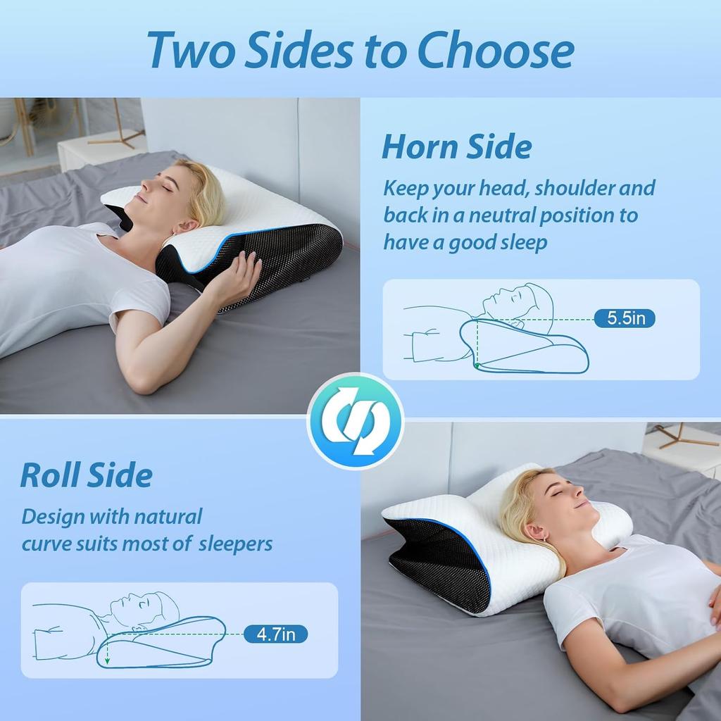 HOMCA Memory Foam Cervical Pillow, 2 In 1 Ergonomic Contour Orthopedic Pillow for Neck Pain, Contoured Support Pillows for Side Back Stomach Sleepers