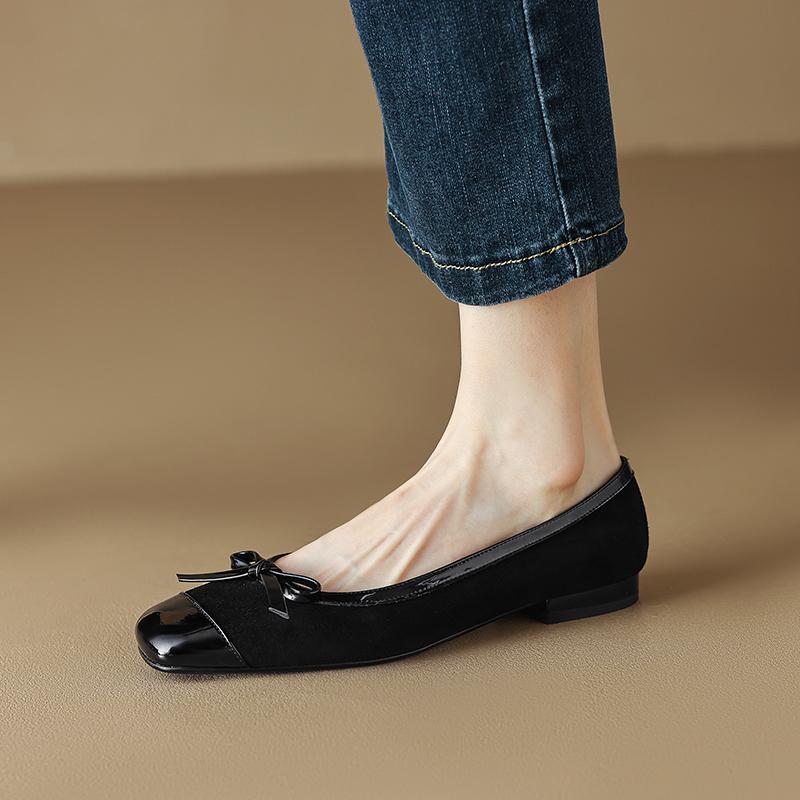 

Fashion 2025 Spring New Kid Suede Low Heel Women Shoes Chunky Heel Square Toe Women Pumps Butterfly-knot Shallow Casual Leather Shoes 34