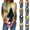 Women's Loose Fit Round Neck Long Sleeve Halloween Printed T-Shirt Vintage Irregular Hem Pullover