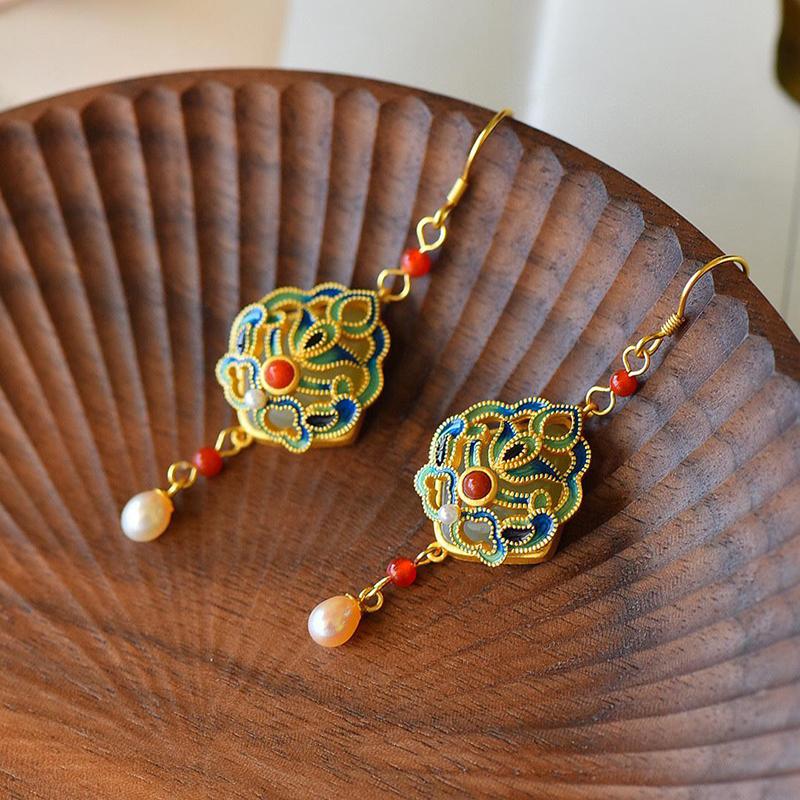 Inspired Design Natural Hetian Jade Enamel Porcelain Southern Red Tourmaline Long Earrings Ladies Classical Jewelry