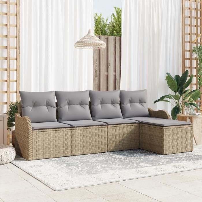 Ensemble de canapé de jardin 5 pièces avec coussins en poly rotin beige, Canapé de jardin 2 places avec coussins en poly 3345660