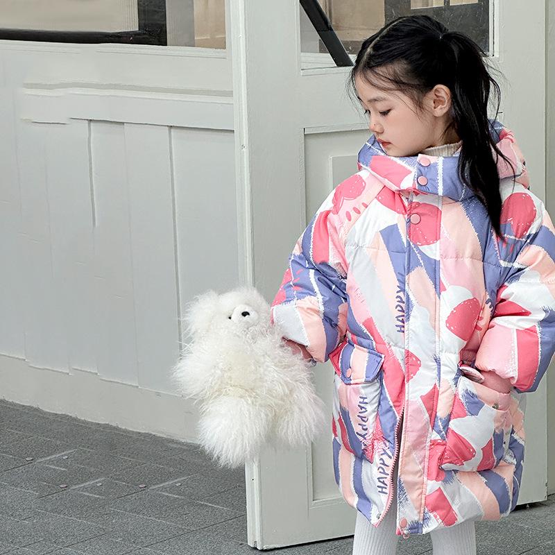 Autumn and Winter Girls' Fashionable Mid-length Thick Warm Printed Down Jacket