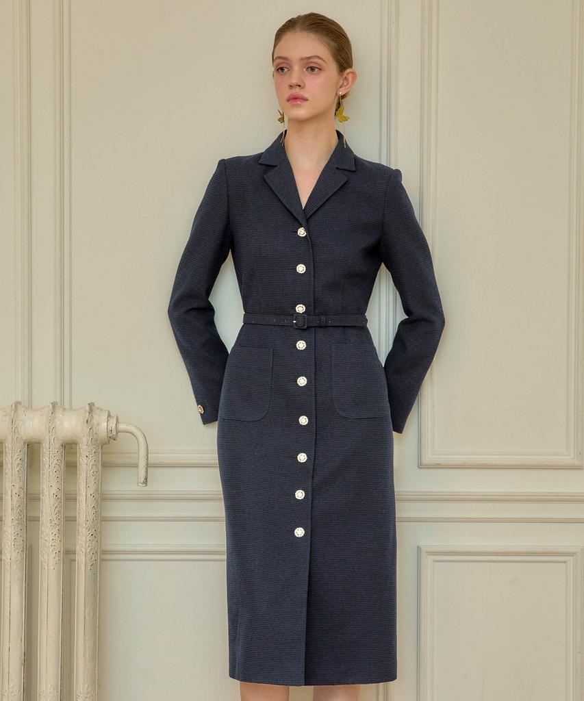 Julie And Kara 24 Fw Collar 99 Etoile Long Queen Dress Tweed Dress Navy