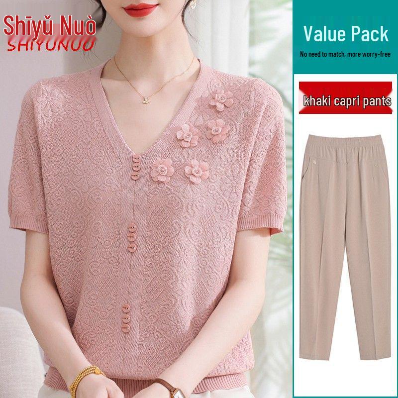 Summer 2026 Ice Silk Blouse: Fashionable Short-Sleeve for Middle-Aged and Elderly Women