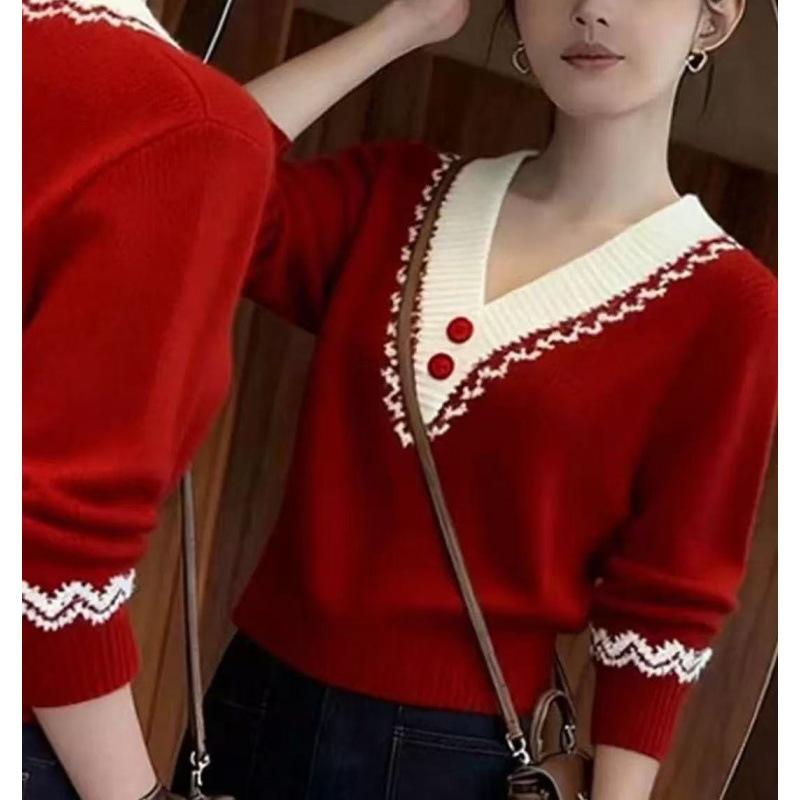 Новогодний Новый Красный Свитер с V-образным вырезом Женский Осенний и Зимний Ленивый Талия Низ Вязаный Свитер One size fits all красный