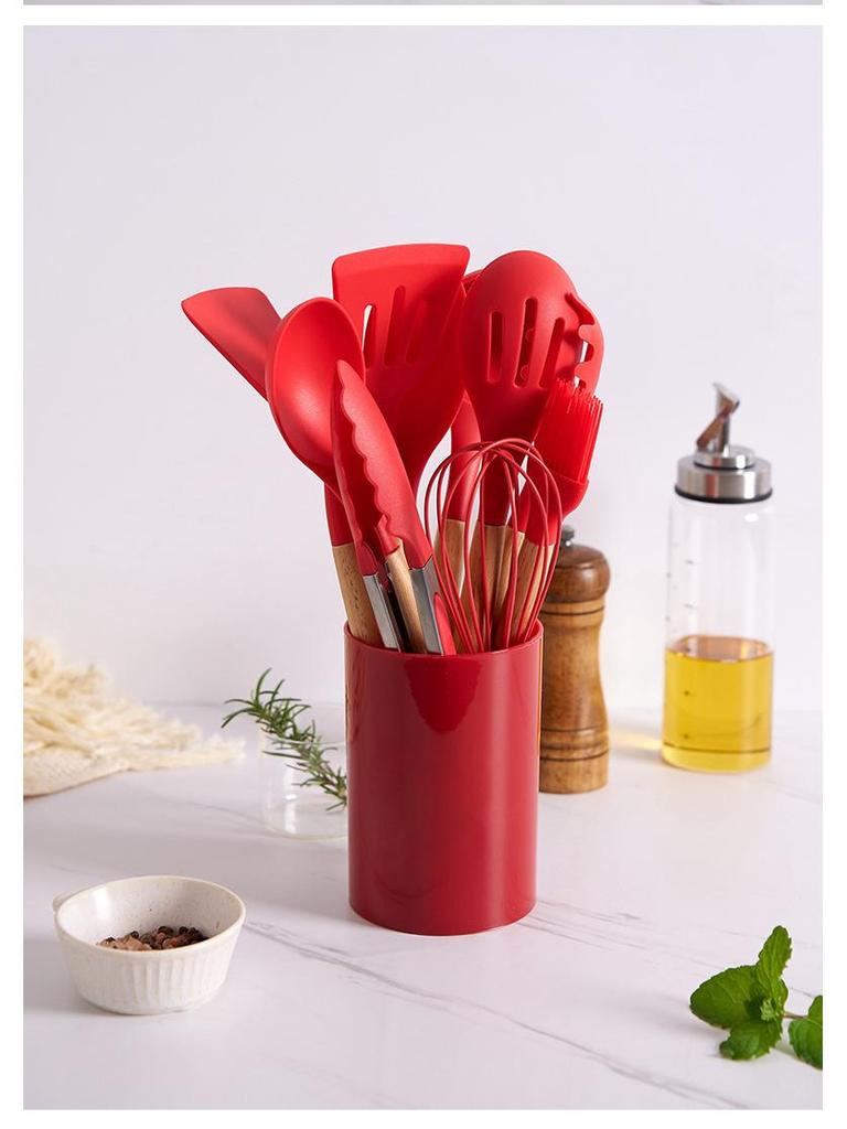 12-Piece Non-Stick Silicone Kitchen Utensil Set with Wooden Handles - High-Temperature Resistant Spoons and Spatulas