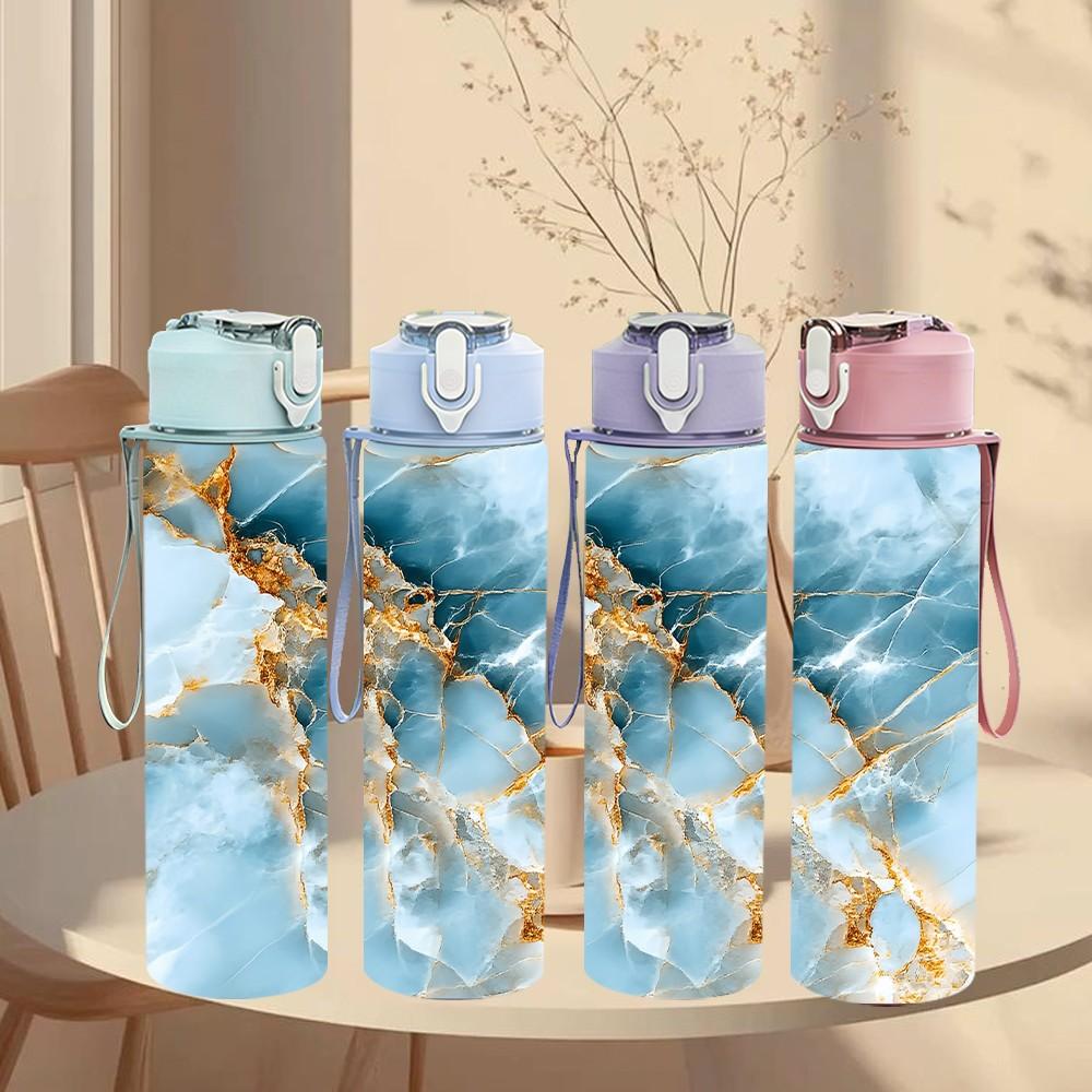 1PC Light Blue Gold Vein Marble Swirl Texture 750ml Color Plastic Sports Water Bottle Leakproof Flip Straw Lid Suitable for Sports Office Home Use