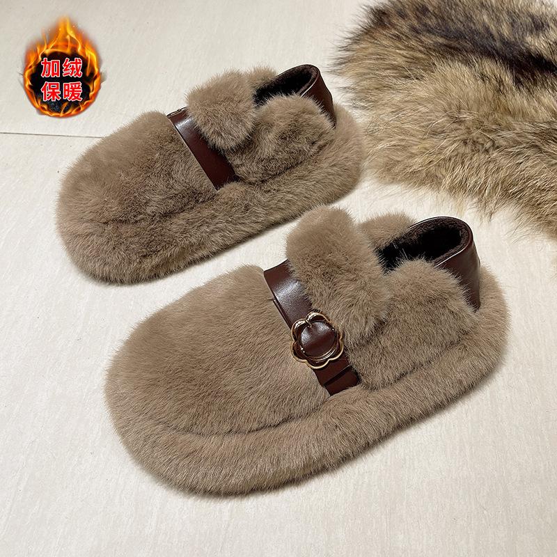 Lamb Wool Warm Wool Shoes Women's 2025 New Winter Thick-soled Belt Buckle, Velvet Warm One-pedal Cotton Shoes