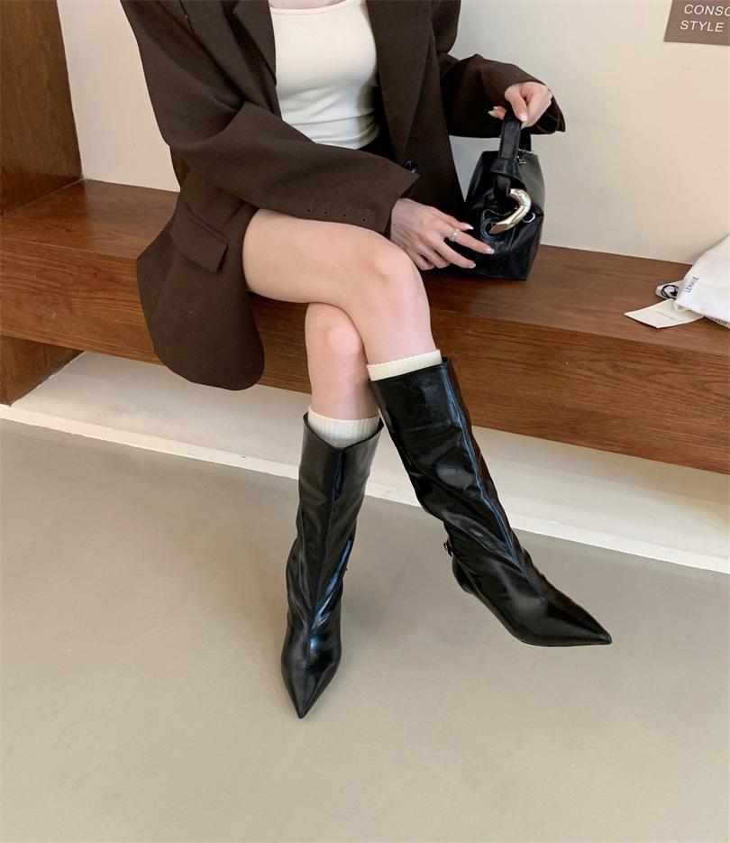 2025 autumn and winter new Korean version pointed suede temperament simple fashion versatile high heels thin heels thin boots long boots women
