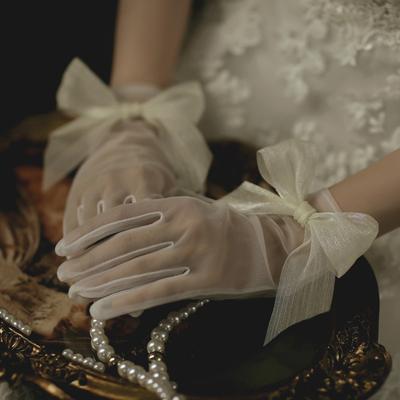 Vintage durchsichtige Hochzeitshandschuhe weiße Brautkleid-Handschuhe Netzschleife Perlen kurze Spitze Handschuhe Hochzeitszubehör