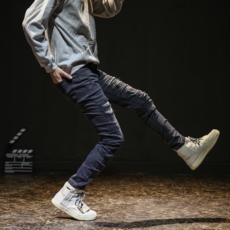Four Season Wearable European And American Men'S Knee Ripped Jeans Stretch High Street Trend Slim Pants Motorcycle Pleated Small Leg Pants