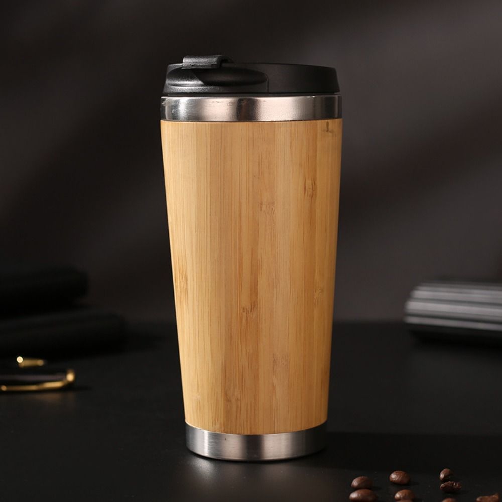 401-500ml Stainless Steel and Bamboo Travel Mug Portable Handle Office Cup Vacuum Coffee Cup