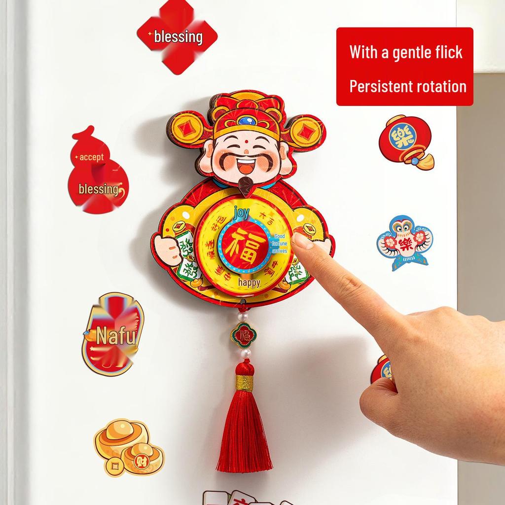 2026 Chinese Style God of Wealth Magnetic Rotating New Year Refrigerator Sticker Decoration