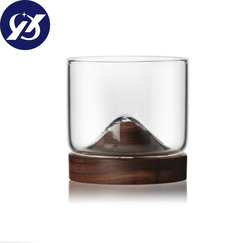 120ML Transparent Mountain W skey Glass with Wooden Base Heat Resistant Beer Glass Wine Water Tea Cup Set Bar Drinkware