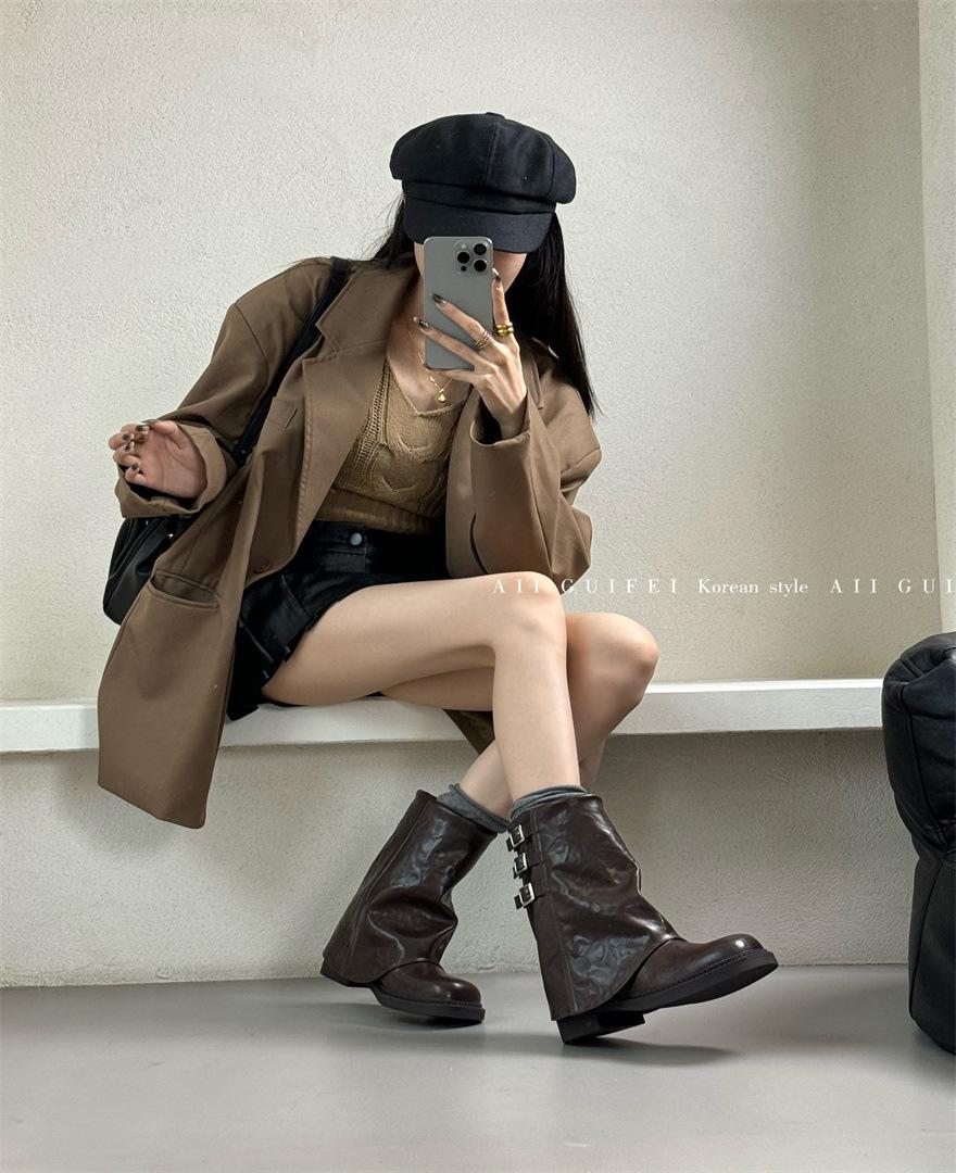 

Leather version~ thick-soled Martin boots retro western cowboy boots metal buckle thick heel trouser tube boots square head short boots children 40 світло-коричневого кольору