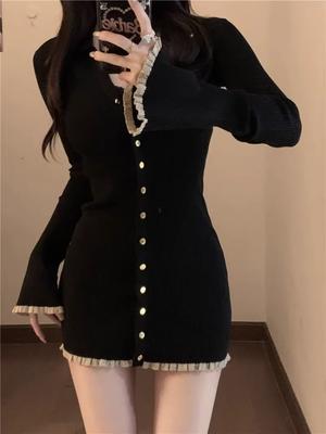 Sonbahar Kış Fransız Modası Eski Para Uzun Kollu Örme Elbise Kadın 2000'ler V Yaka Elbise Mini Tek Parça Vintage Coquette Zarif