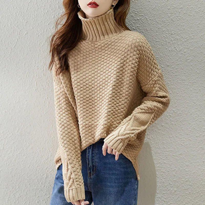 Autumn Winter Solid Color Pullover Long Sleeve  All-match Screw Thread Women's Clothing High-neckSweater Knitted Tops