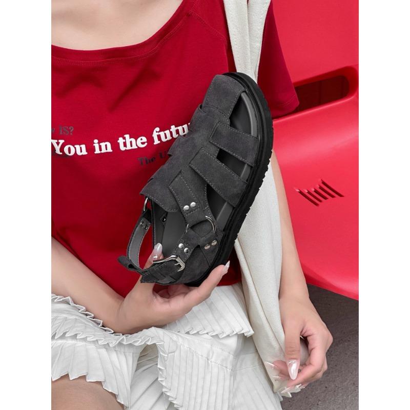 Summer new cowhide bag head sandals women's outer wear casual versatile rivets fashion sandals beach