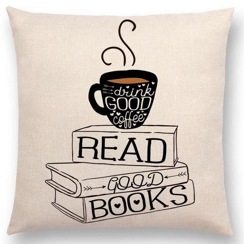 Tea Reading Books Pillow Case Home Decor Linen/cotton Cushion Cover Designer Pillow Cover for Sofa Bedroom Housse De Coussin